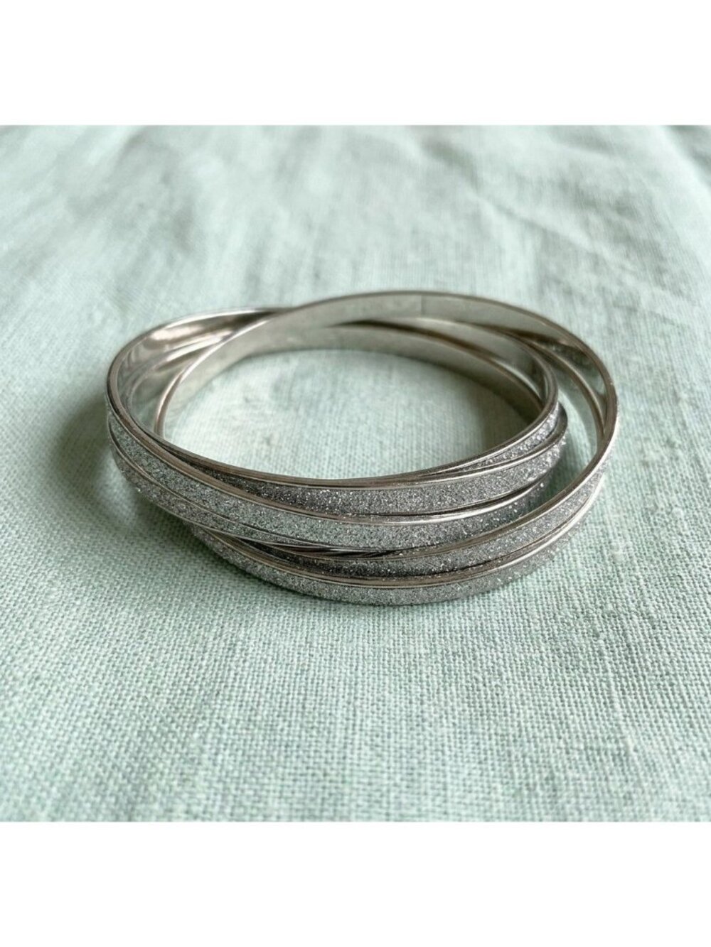 Interlocking Silver Tone Multi-Bangle Bracelet w/Sparkly Glitter Finish Set of 6